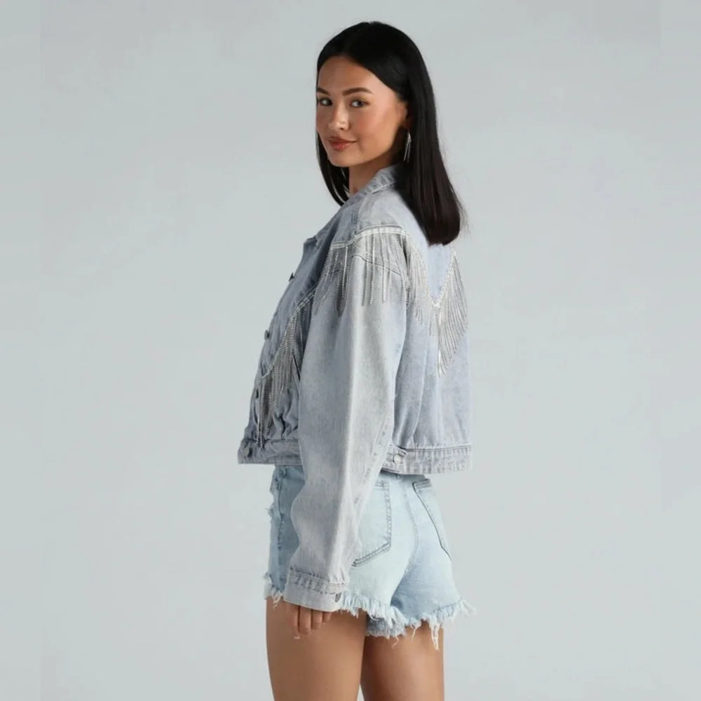 Windsor Rocker-Chic Rhinestone Fringe Denim Jacket, size L - Picture 4 of 14